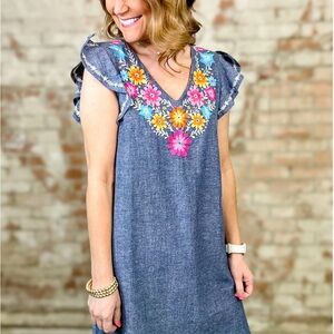 THML Blue Dress with Colorful Floral Embroidery